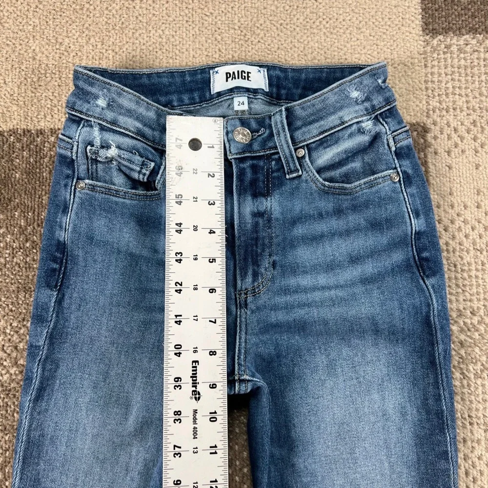 Paige Laurel Canyon High Rise Flare Jeans Blue Raw Hem Size 24 Womens Distressed